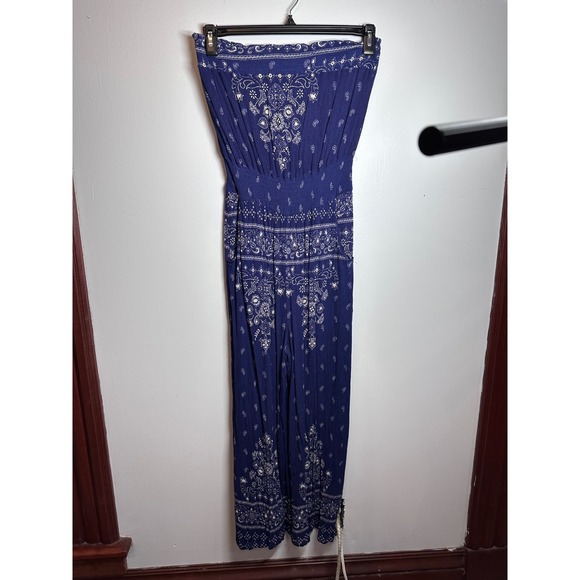coco + jaimeson Pants - Coco + Jaimeson Womens Boho Navy Blue Paisley Strapless Wide Leg Jumpsuit Medium